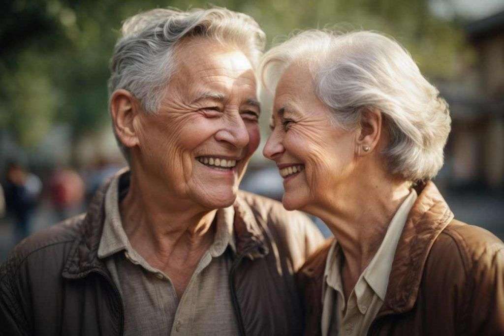 Due anziani che sorridono nell'intimità